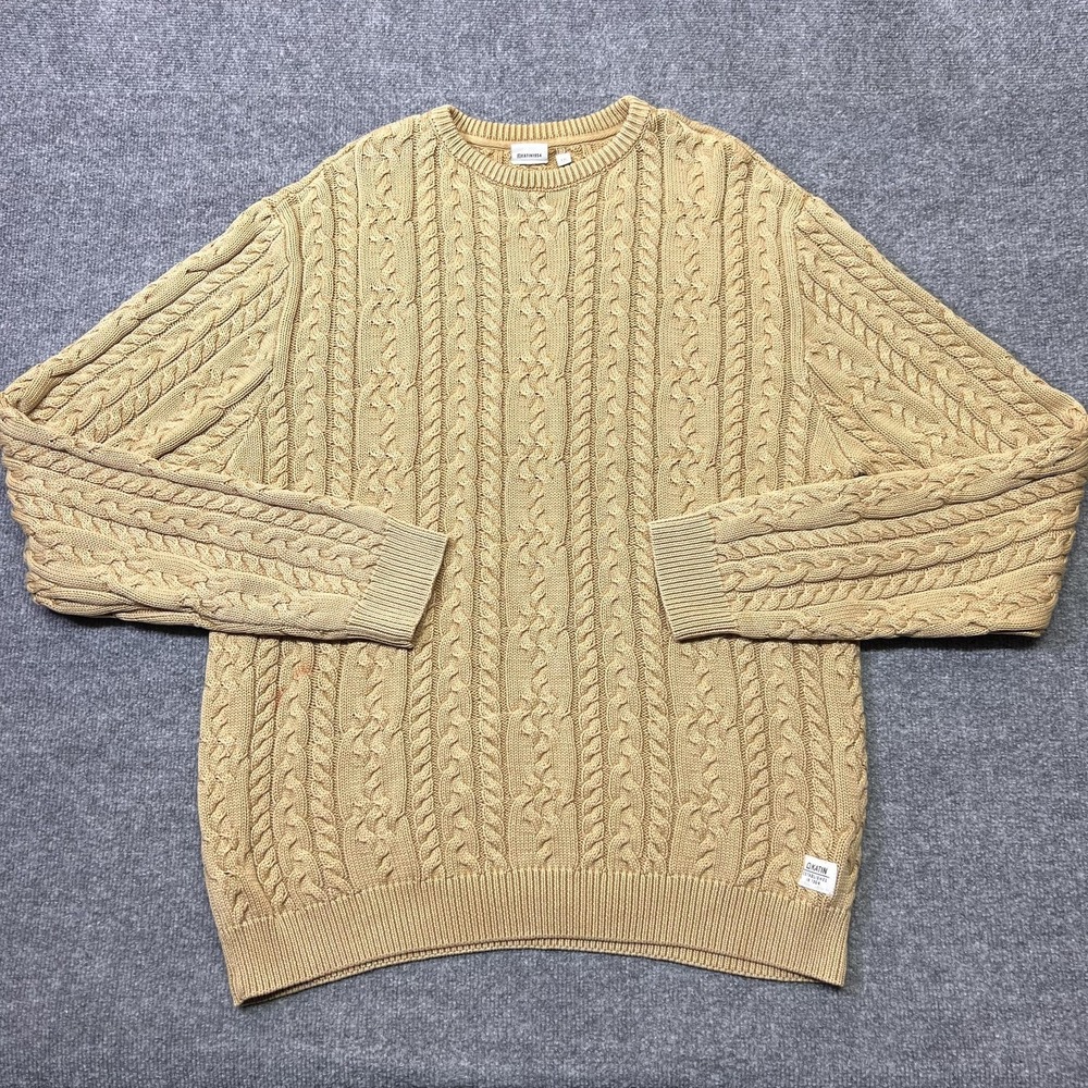 Katin Sweater Mens Large Beige 100% Cotton Cable Knit Crewneck Pullover Logo